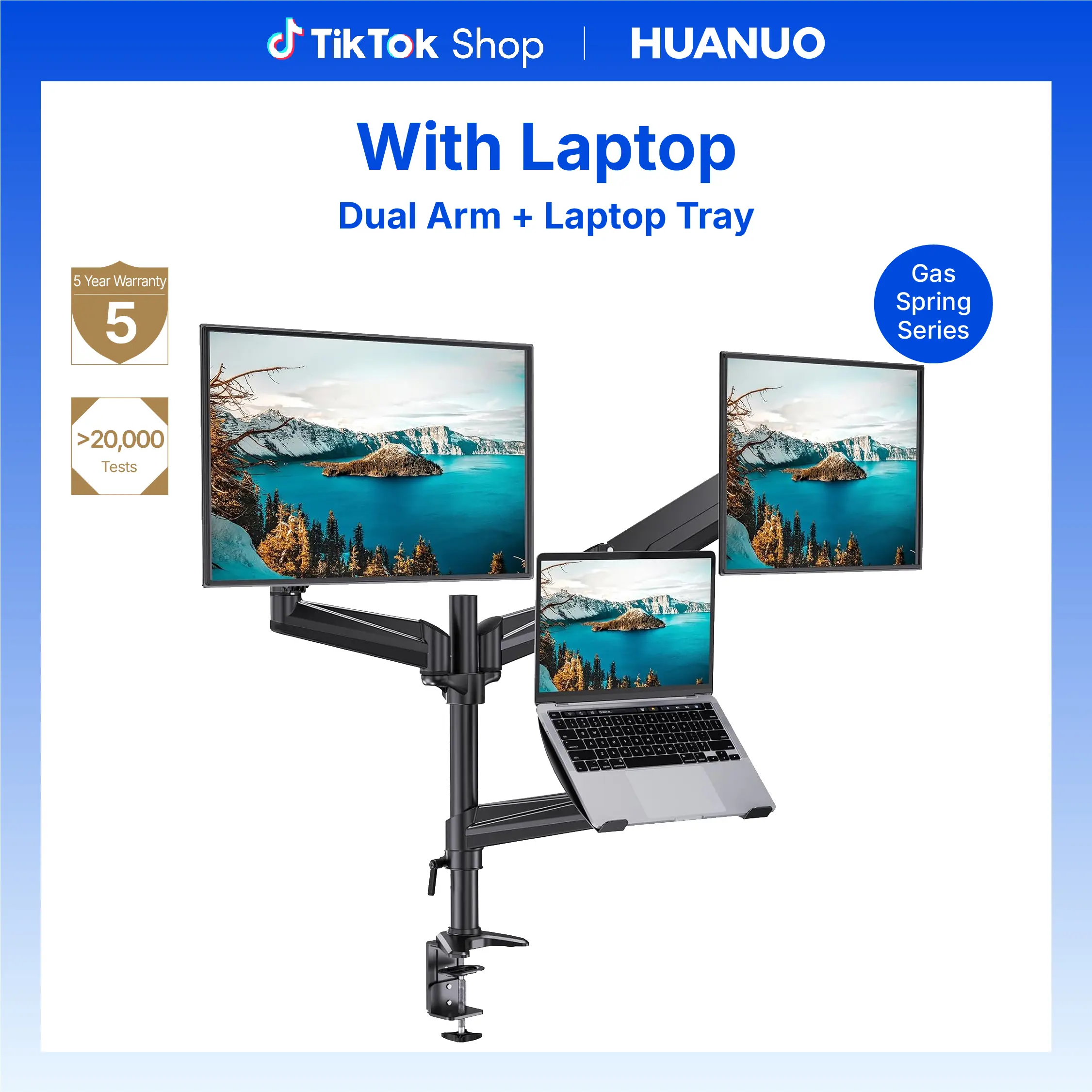 HUANUO 3-in-1 Sturdy Dual Arm Laptop Stand & Tray - Modern Office Furniture, C Clamp, Adjustable Angles, Customized Screen Position, VESA 75/100mm Support, Holds Up to 32” Displays & 17” Laptops (17.6 lbs Max) for Workstation Setup