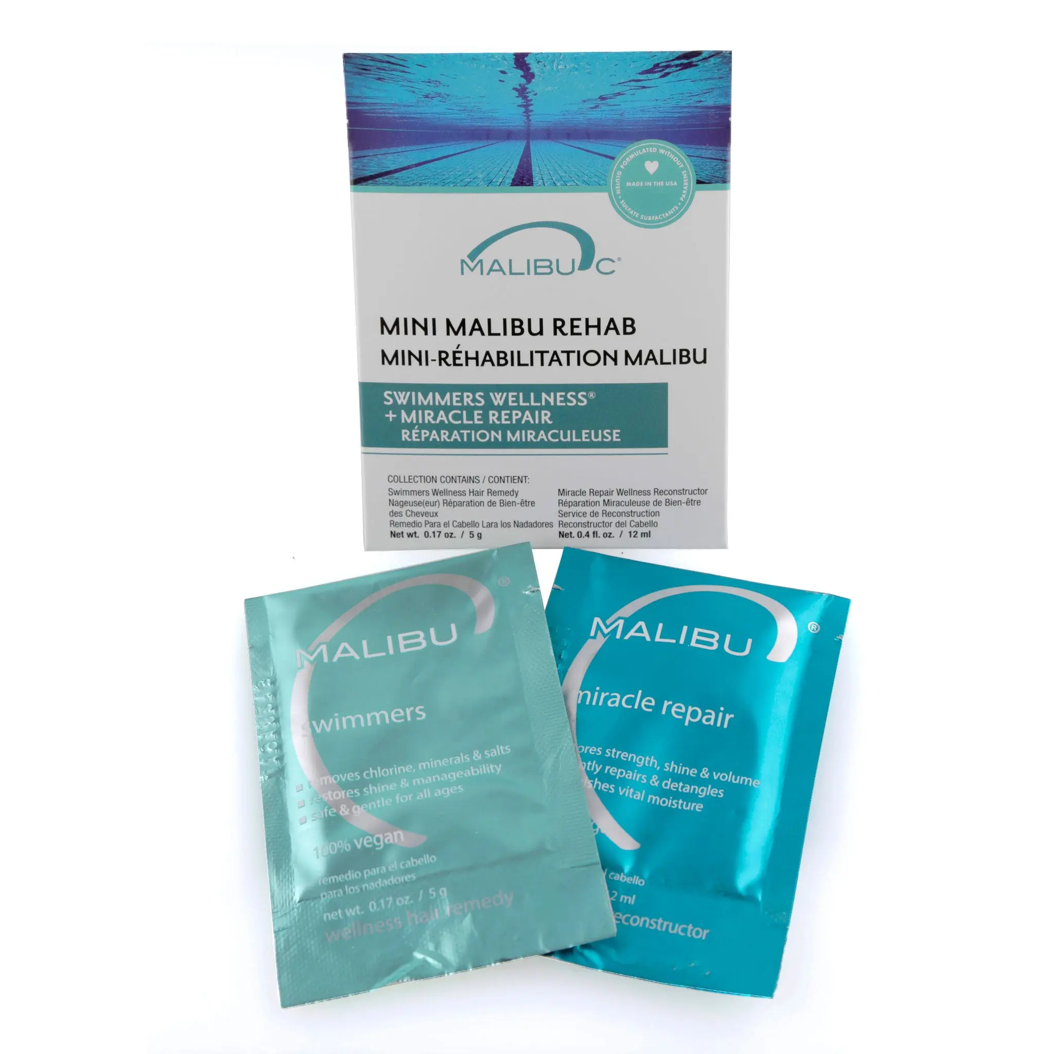 Malibu C Mini Malibu Rehab Swimmers Wellness - Contains 2 Hair Remedy Packets - Discoloration Correcting Hair Care for Swimmers - Restores Hair Shine & Moisture