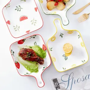 Creative Cartoon Strawberry Pattern Ceramic Plate, 4 Counts Cute Fruit Plate, Dessert Plate, Salad Bowl, Kitchenware for Home Use
