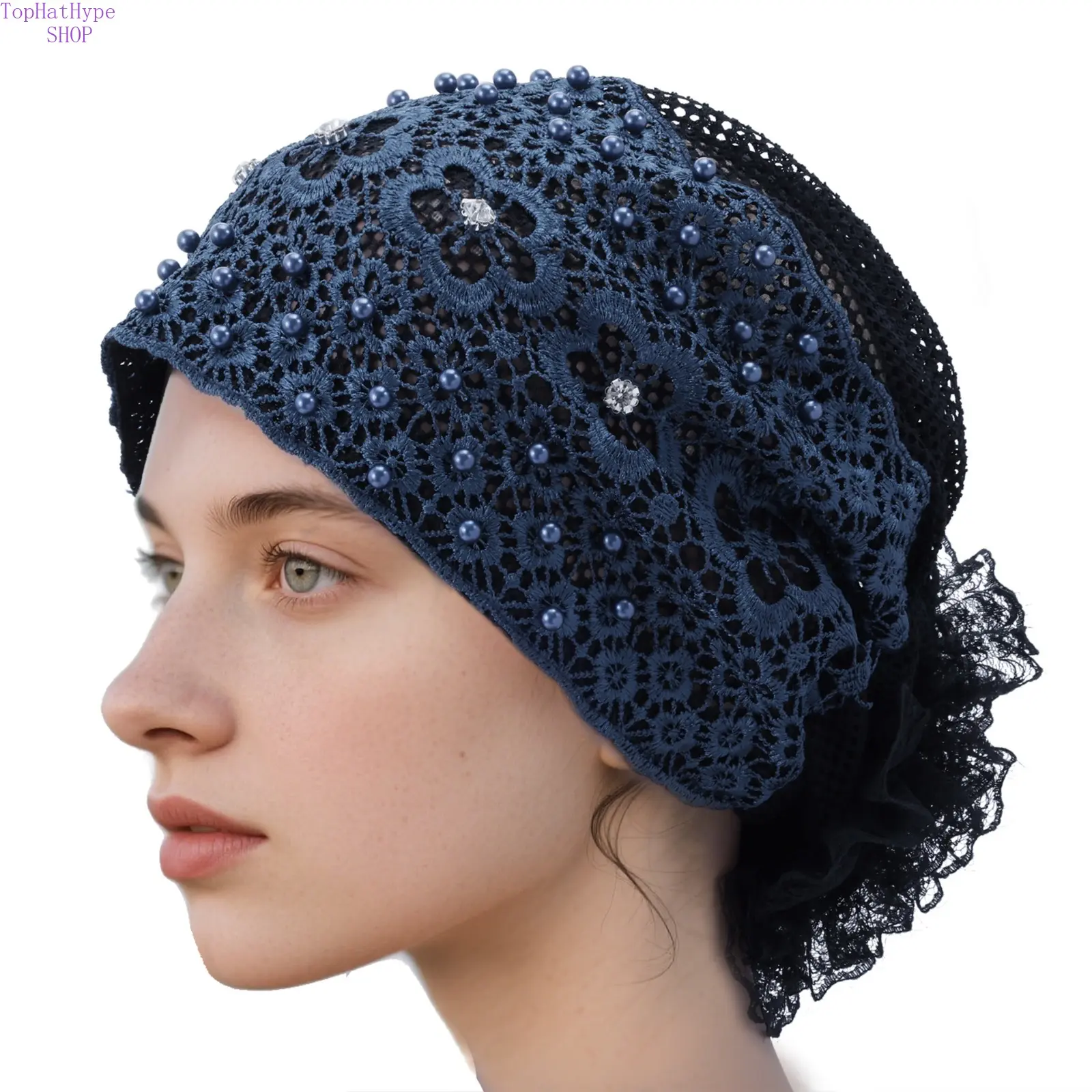 Women's Elegant Beaded Floral Turban, Breathable Yarn Head Cover, Lightweight Summer Fashion Wrap for Street & Daily Wear, Casual Beach Accessory