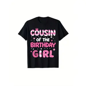 Funny Cousin of the Birthday Girl T-Shirt - Matching Family Party Outfits, Pink & Black Birthday Theme with Stars & Crowns, Comfortable Cotton Tee for Women &, Cousin, Casual Womenswear Crewneck