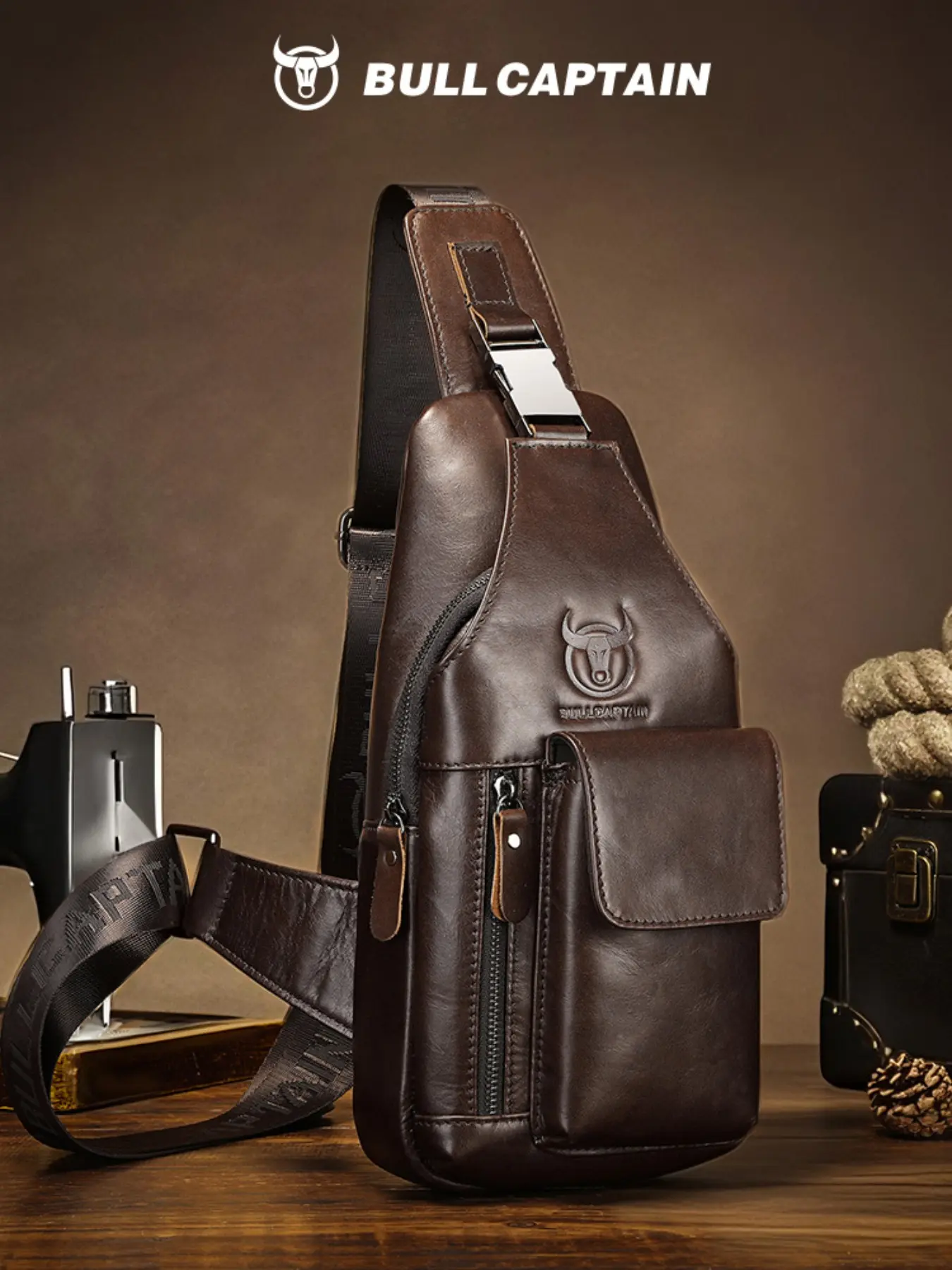 BULLCAPTAIN Vintage Men's Top-Grain Leather Sling Bag Adjustable Strap Genuine Leather Crossbody Chest Design 8-inch iPad Compartment Practical Solution Versatile Bag