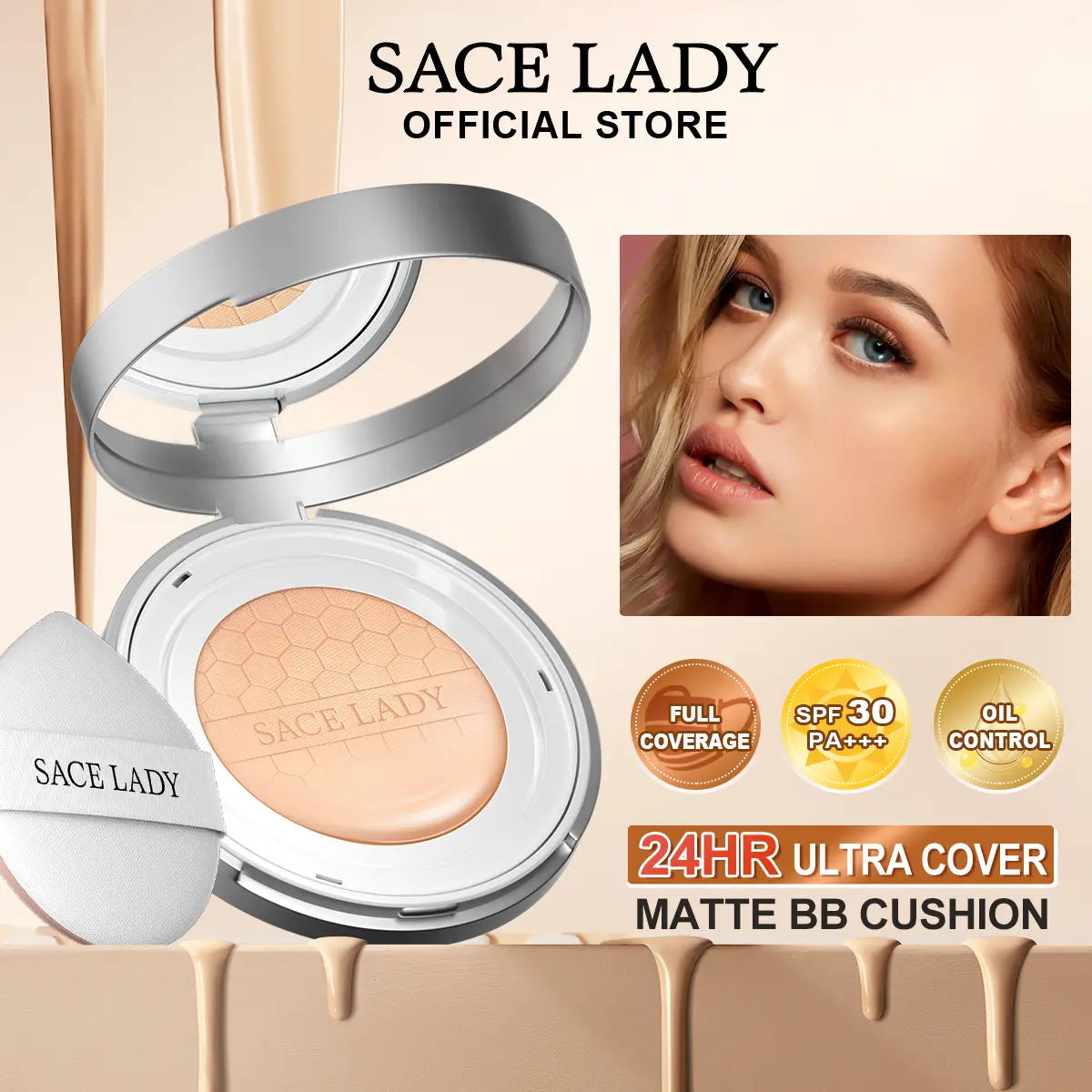 SACE LADY Portable Cushion BB Foundation, Lightweight Full Coverage, Flawless Matte Finish, Oil Control for Acne-Prone Skin, SPF 30, Waterproof, Smooth, Sodium Hyaluronate Crosspolymer, Tridecyl Trimellitate, Redness-Reducing Premium Daily Cosmetic