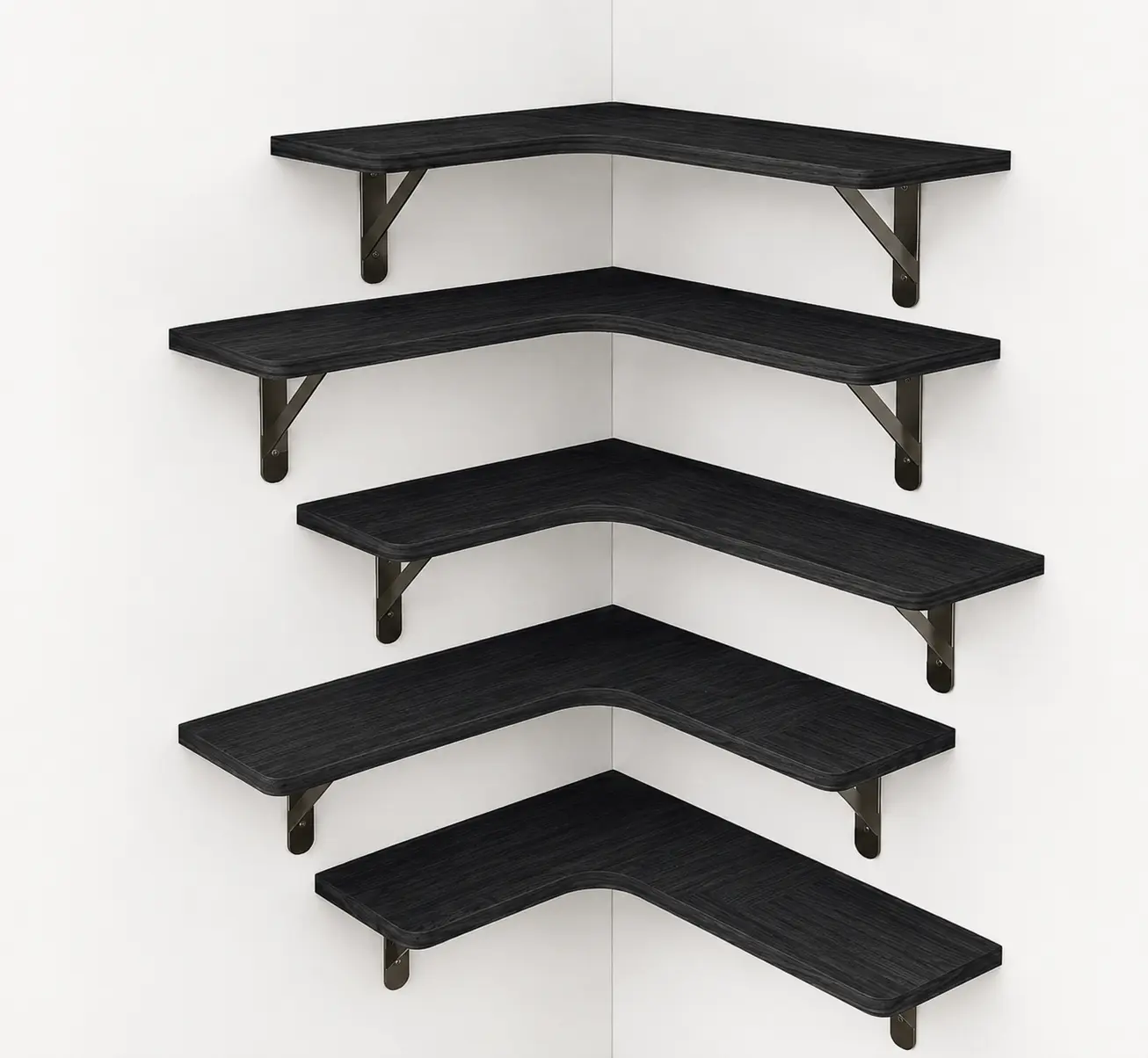 Set of 5,  Conner Shelves Wall Mounted for Decor, Solid wood shelf with metal brackets, holds (Set of 5, Black)