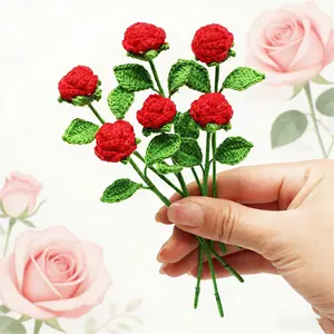 Mini Crochet Yarn Rose Handmade Fake Flowers Desktop DIY Bouquet, Perfect Gift for Family Friends Birthday Valentine's Day Mother's Day Christmas