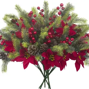 8 Artificial Flower Bouquet Decorative Flower Christmas Floral Pinecone Berry Branches Wintergreen Holiday Decorations for Tree Party DIY Indoor Table Arrangement