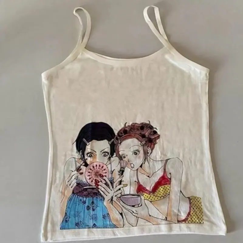 RebelRogue Nana Hachi Manga Art Anime Tank Top - Women’s Chic, Simple, Basic Halter Neck Spandex Strap Camisole, Lady's Y2K Fitted Cropped Sleeveless Black/Cream Graphic Tee