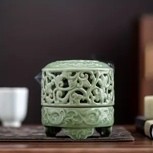 1 Piece Chinese Style Porcelain Incense Burner with Intertwined Branch Lotus Pattern for Home Decoration and Aromatherapy