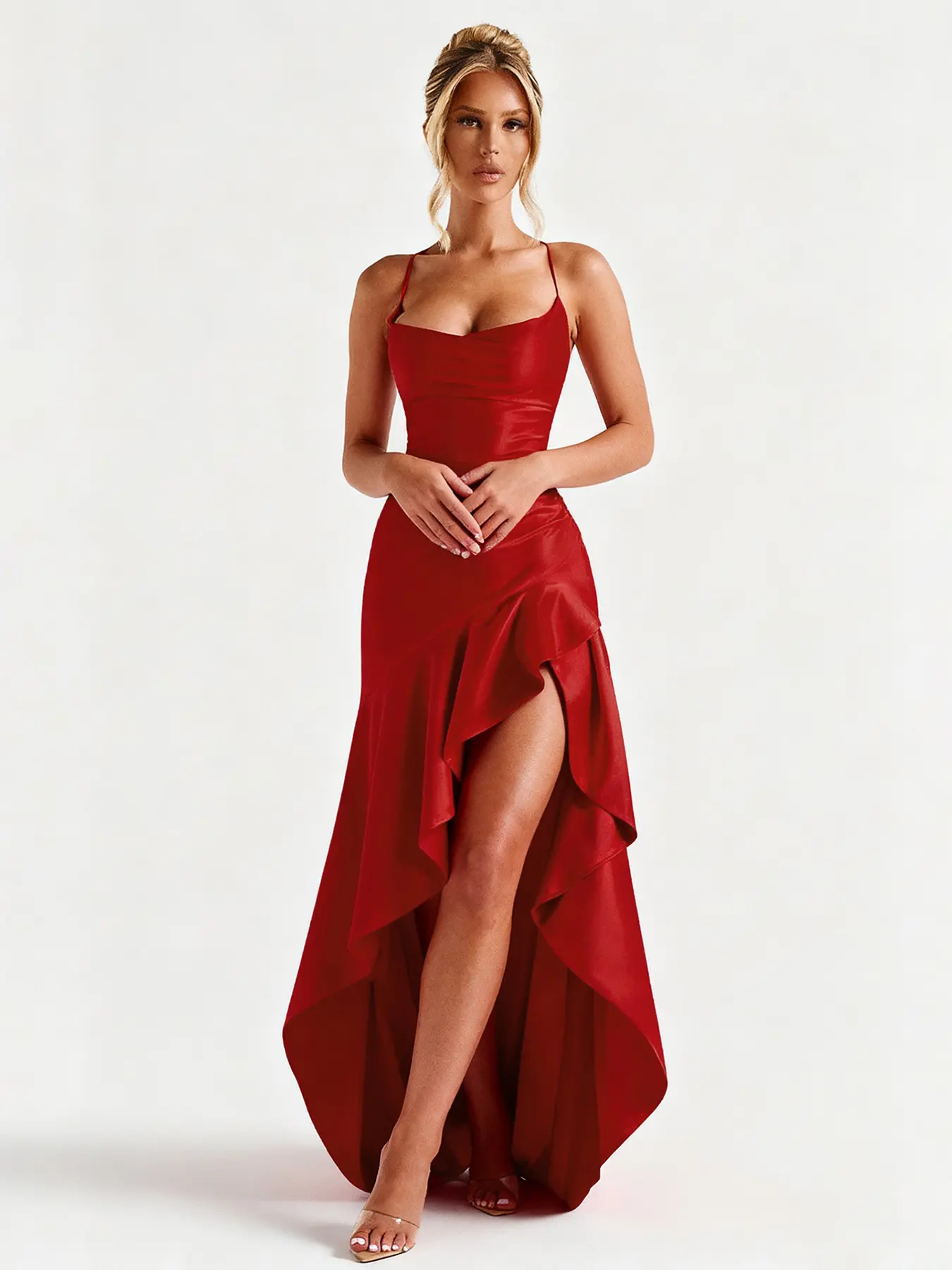 Women's Sexy High Slit Ruffle Hem Satin Strap Red Long Dress, Tie Back Large Backless Design Square Neck Slim Fit Bodycon Formal Party Gown, Elegant Chic Fashionable Evening Dress - TikTok Shop Women's Sexy High Slit Ruffle Hem Satin Strap Red Long Dress, Tie Back Large Backless Design Square Neck Slim Fit Bodycon Formal Party Gown, Elegant Chic Fashionable Evening Dress - TikTok Shop