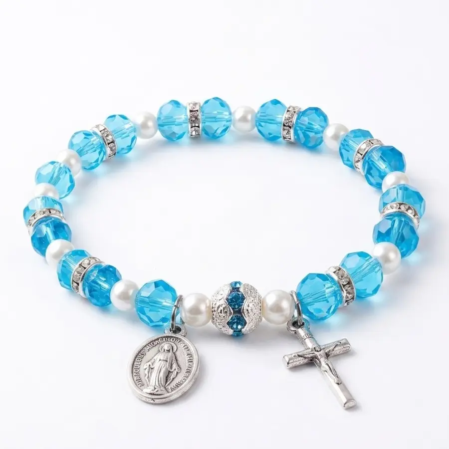 The "Divine Protection" Aqua Gemstone Rosary Bracelet with Crucifix & Miraculous Medal