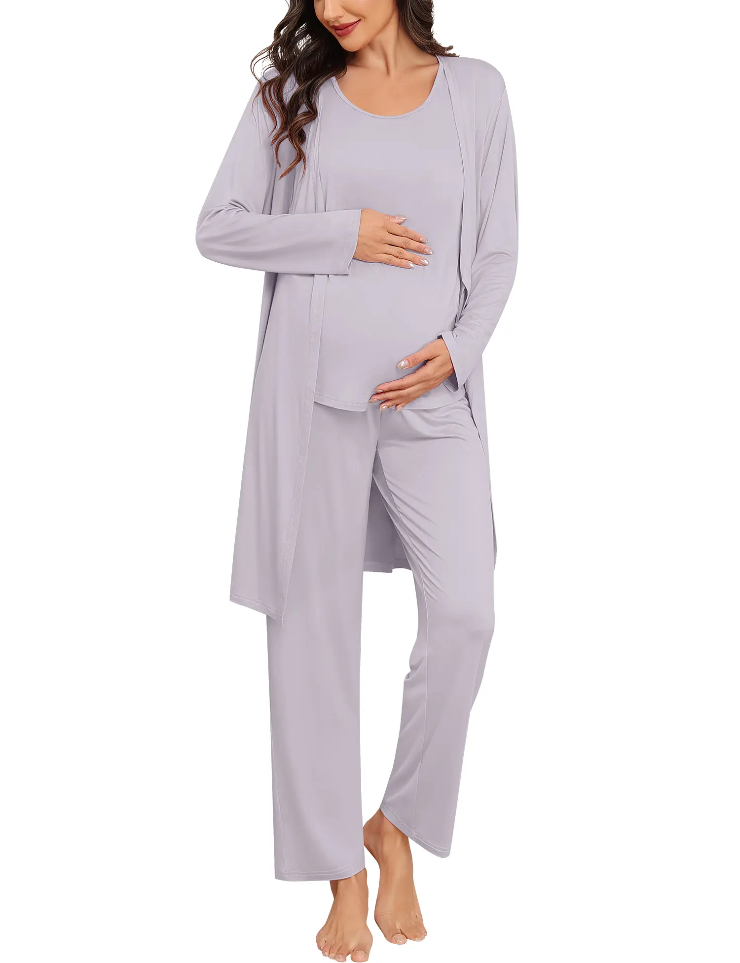 SWOMOG Maternity Matching Pajamas, 3-Piece Soft & Breathable Postpartum Outfits with Robe and Pajama Pants for Hospital & Nursing, Maternity Nursing Gown, Park Walks, Daily Home Wear, Pregnancy, Women's Matching Sets, Nursing Clothes