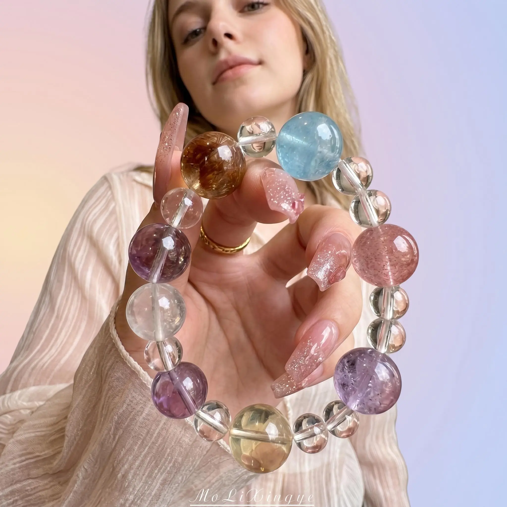 Women's Colorblock Multi-Stone Crystal Bracelet - 100% Authentic Crystals, Premium Beads, 6.5-7.0 Inches, Rose Quartz, Aquamarine, Citrine, Strawberry Quartz, Amber, Amethyst, Everyday Festive Gift Idea for Anxiety Relief, Mental Balance