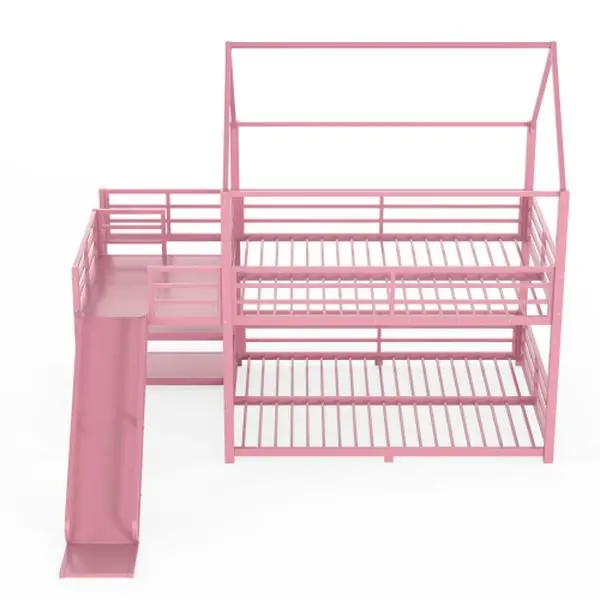Full-Size Secure Pink Metal House Bunk Bed Frame with House-Shape Silhouette, Storage Stairs, Slide Access, High Safety Rails, Built-In Storage, Durable Structure, Silent Performance, Default Tools & Instructions for Bedroom Assembly
