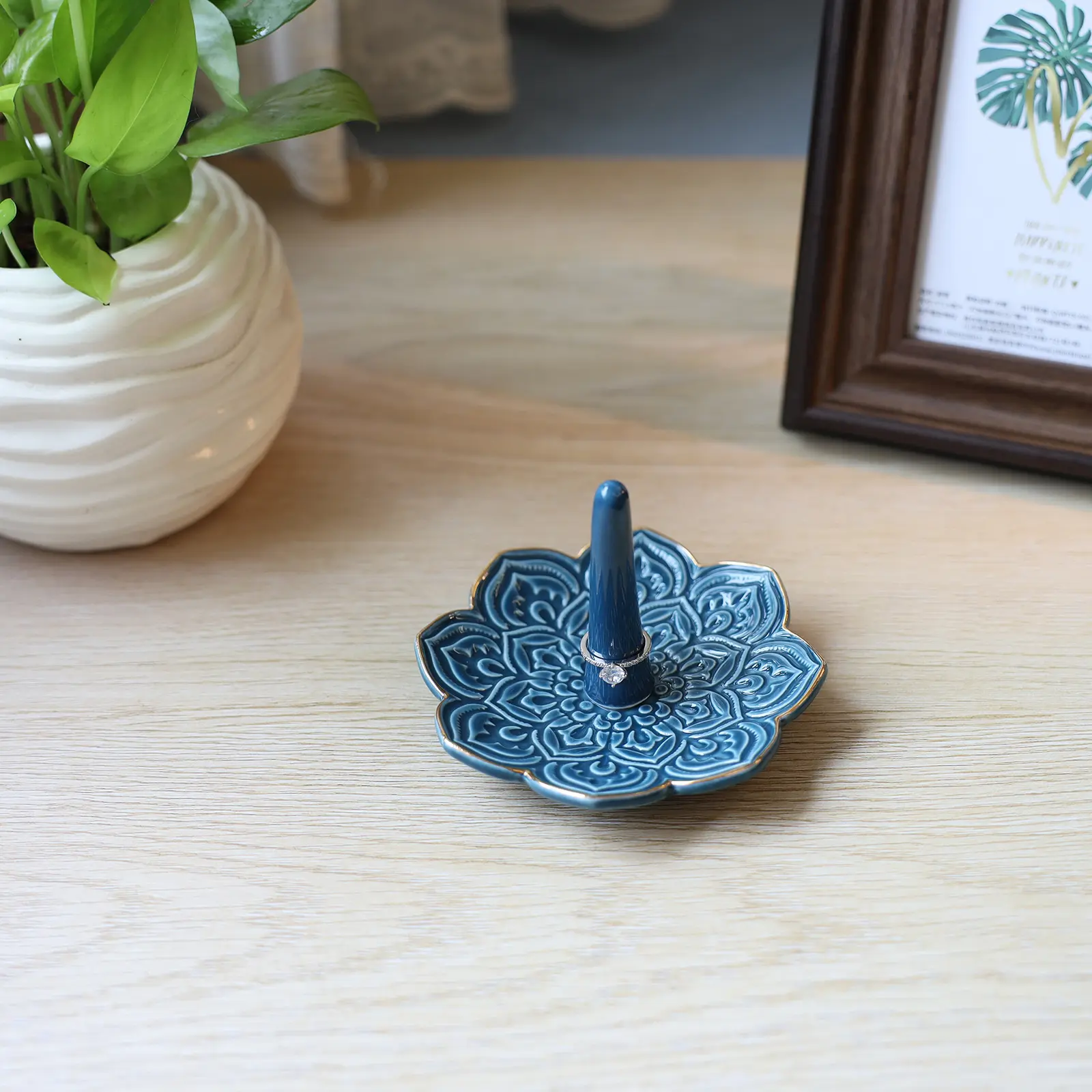HOME SMILE Mandala Ring Holder,Decorative Jewelry Holder,Birthday Christmas Thanksgiving Day Engagement Wedding Gifts for Women,Ceramic Navy Blue