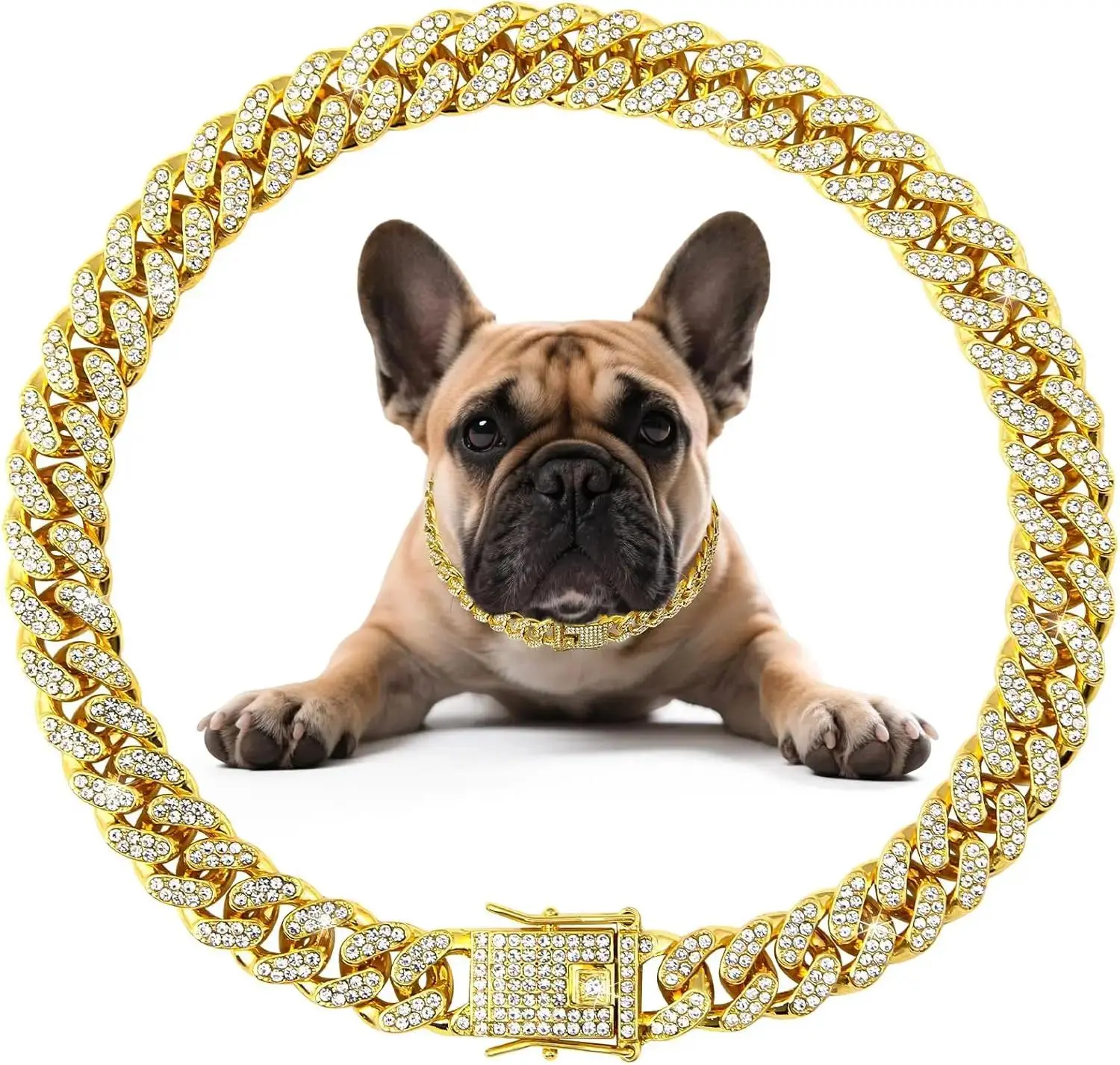 Cuban Link Chain Dog Collar with Diamond Accents, Durable Secure Buckle, Luxury Look, Versatile Design, Walking Safety for Small-Large Dogs Cat Jewelry Accessory