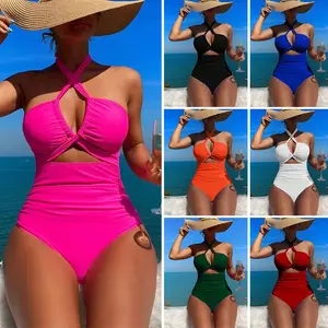 jumpsuit 2025 new European and American high-waisted solid color one-piece sexy backless neck swimsuit for women