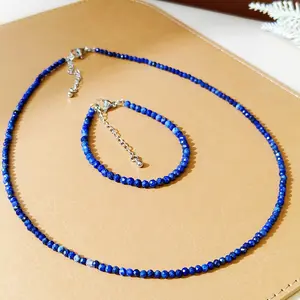 Genuine Faceted Gemstone Necklace & Bracelet Set - 3mm Beads, Silver Color, 17" + 2" Extender, Handmade Jewelry Gift for Layering