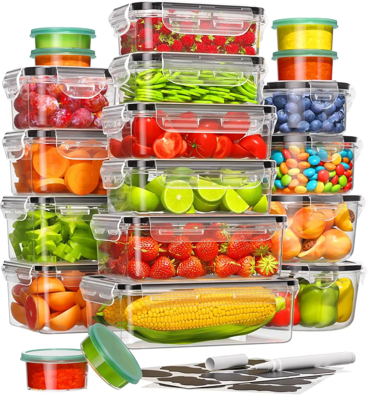 40 PCS Food Storage Containers with Lids (20 Containers & 20 Lids) | BPA-Free Plastic Kitchen Storage Containers | Leak-Resistant Meal Prep Containers with Labels & Pen