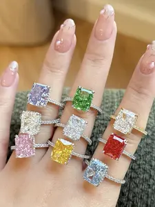 Women's Silver Color Ring with Large Zirconia Stone, Ice Flower Cut Design, 4 Carat Rainbow Gemstone Jewelry Accessory, Engagement Rings