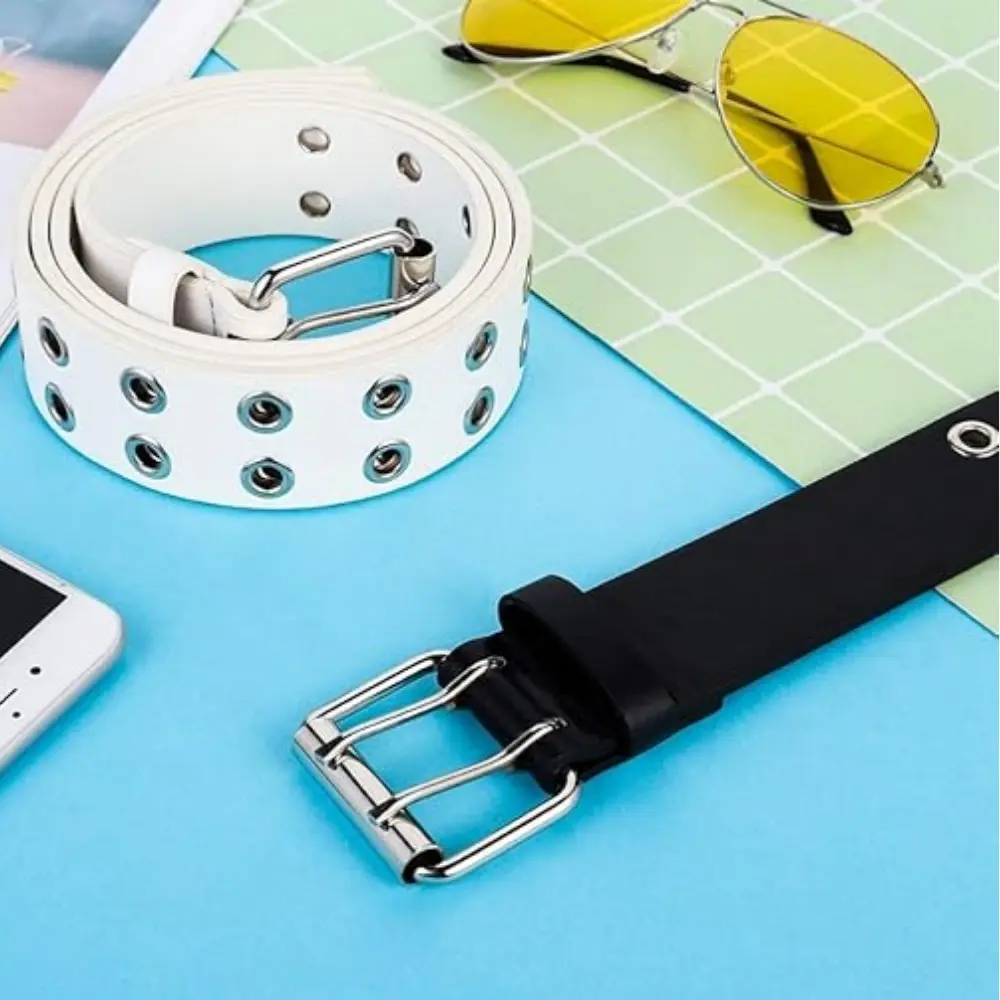 2 pcs 2 Hole Grommet Jeans Belt Leather Belt for Women Men Solid Rich Fashion Color Double Grommet Belt