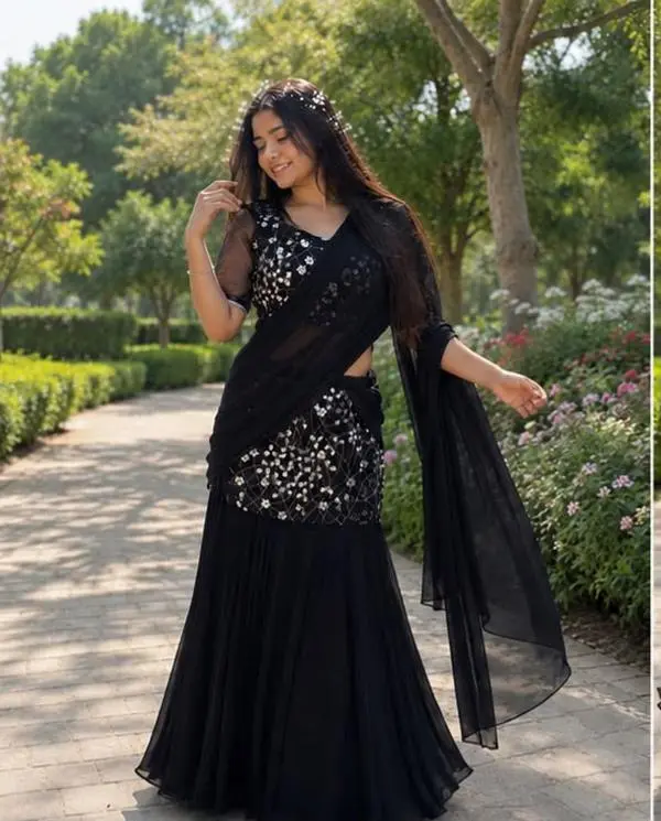 Luxury Ready-to-Wear Half Saree – Black Georgette with Heavy Machine Embroidery
