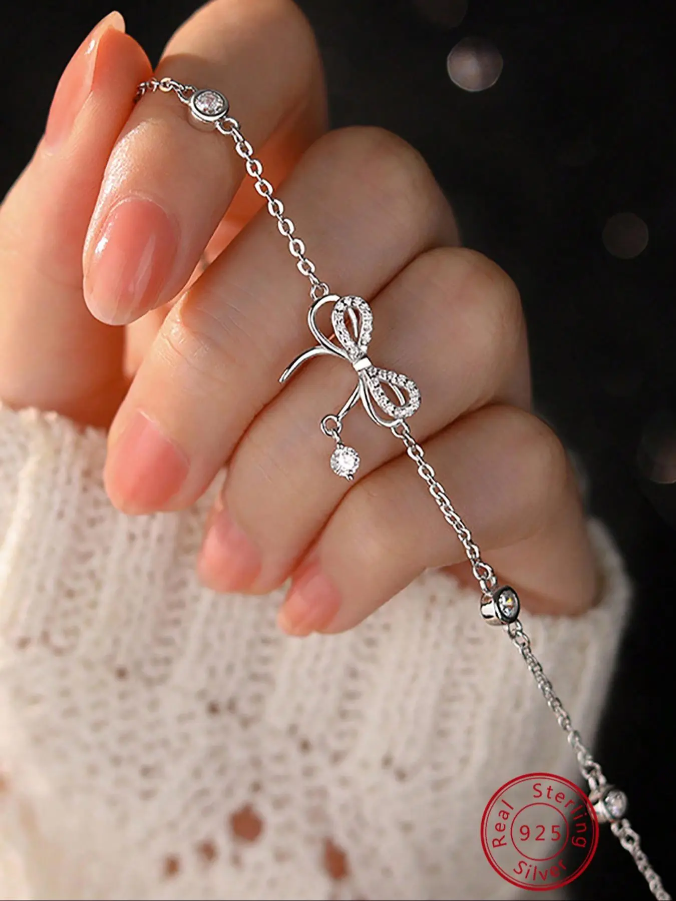925 Sterling Silver Elegant Bowknot Design Rhinestone Decor Bracelet, High Quality Bracelet, Fashion Jewelry Accessories for Women & Girls, Trendy Exquisite Jewelry for Birthday Gift, Fashion Bracelets, Bracelet With Pendant