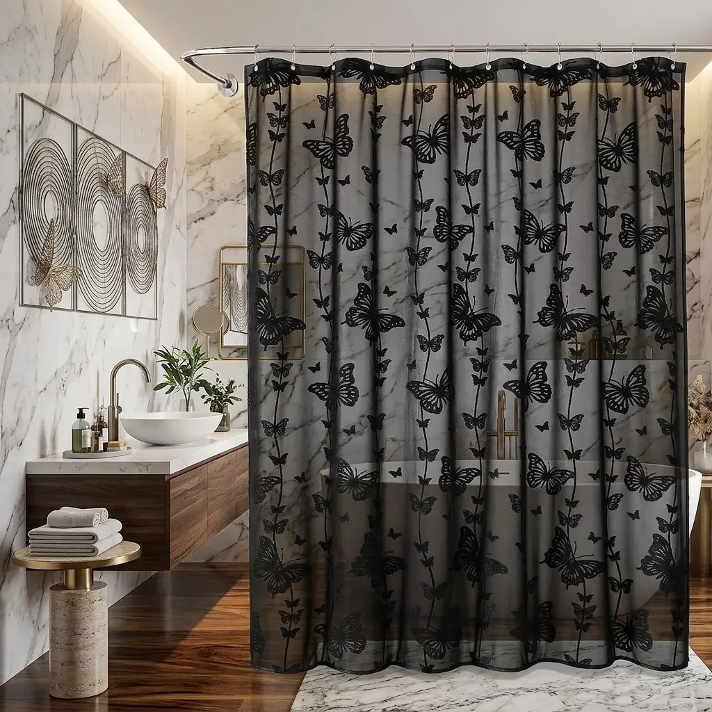 Butterfly Embroidery Flocking Design Shower Curtain Grey Sheer Shower Curtain for Bathroom Vintage Aesthetic Decor Bathroom Waterproof Shower Cutain, 12 Pcs Plastic Hooks, 72x72in
