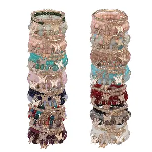 8/24pcs Mix Elegant Dreamy Multi-Layer Beaded Bracelets Set - Pink/Turquoise/Navy/Crimson Beads, Golden -Tone Butterfly & Star Decor Accents Design, Metallic Bead Details - Festival Wear Jewelry, Ideal Gift for Anniversaries for Women & Jewelry Enthusiast