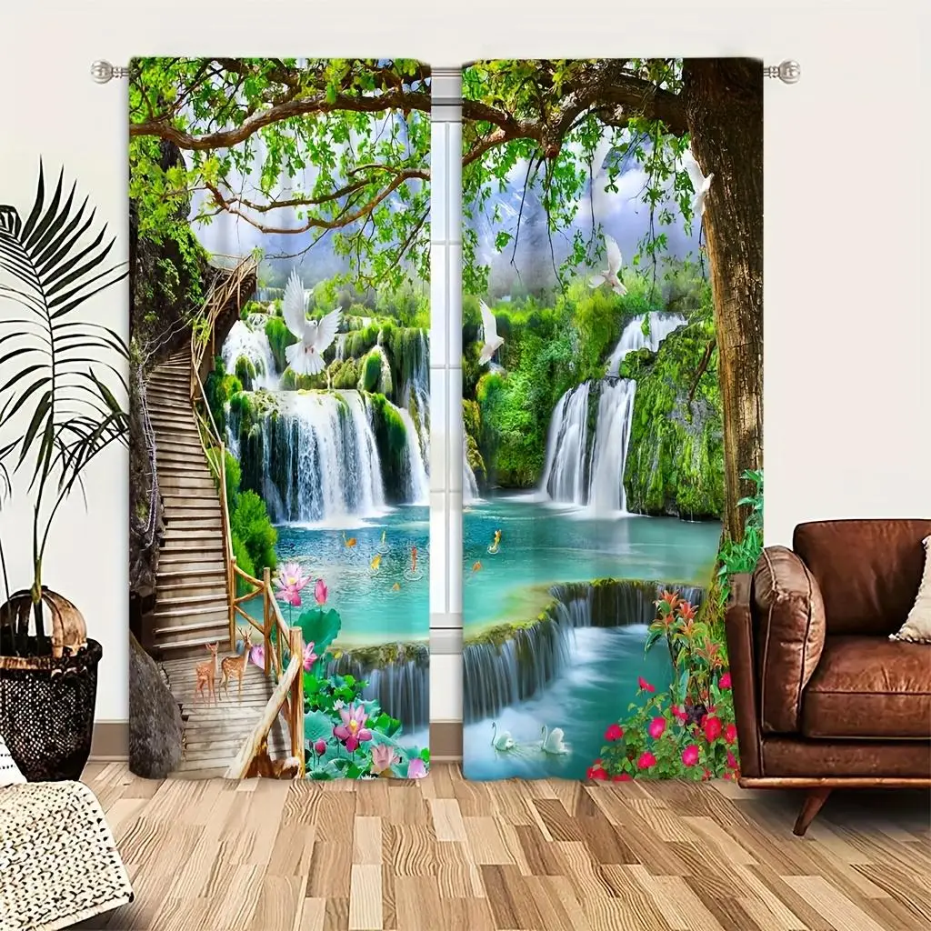 Waterfall Landscape Pattern Curtain, 2pcs/set Natural Scenery Pattern Curtain, Home Decorative Curtain for Living Room Bedroom, Bedroom Refresh Decor