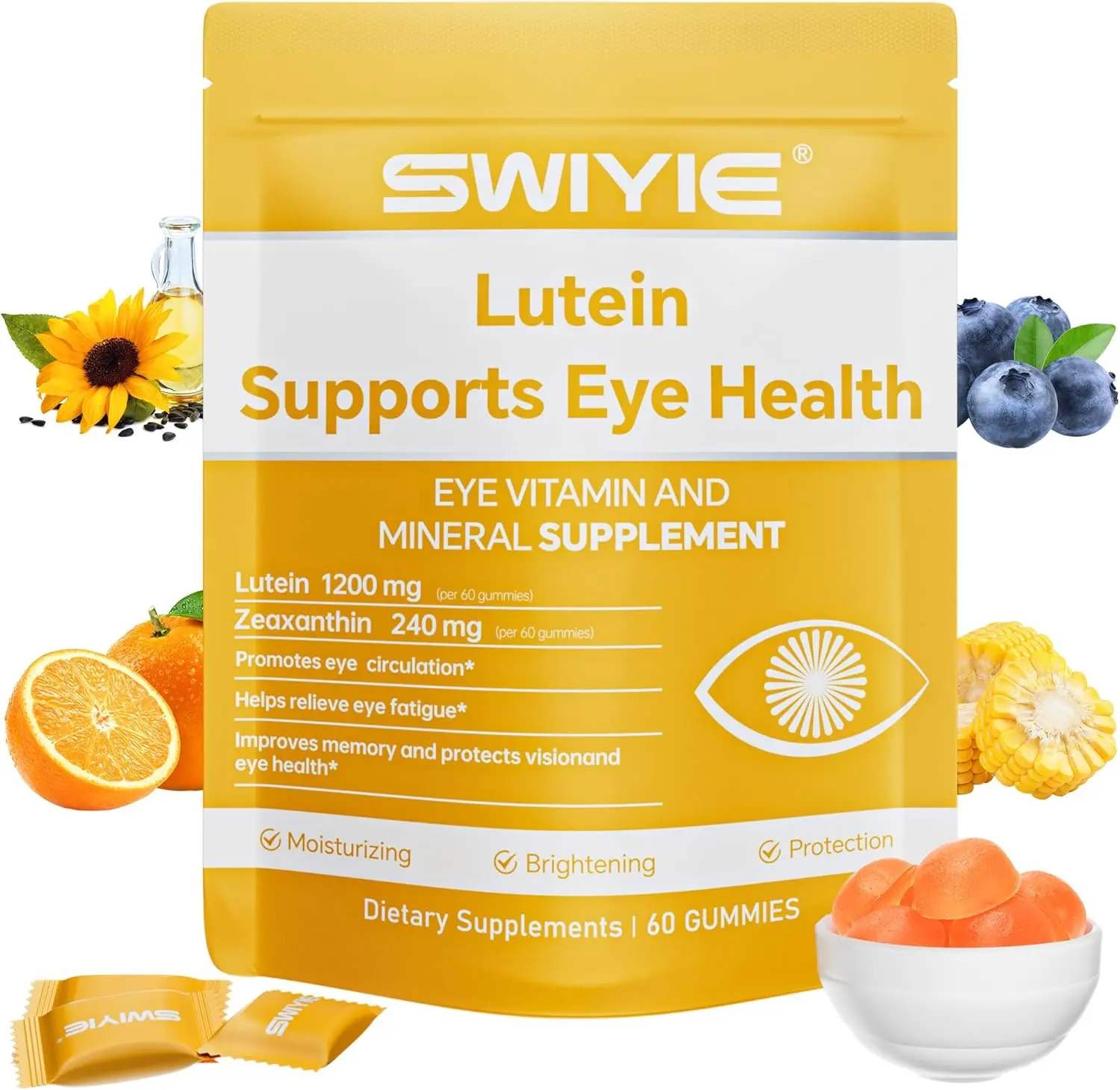Lutein & Zeaxanthin Edible Eye Care Vitamin Supplement Chewable Blueberry Gummies - 20mg Lutein, 4mg Zeaxanthin, Natural Blend Antioxidant, Natural Fruit Flavor, Non-GMO, No Preservatives, Promotes Eye Clarity, 60 Pieces, Edible Vitamin Supplement, Antiox