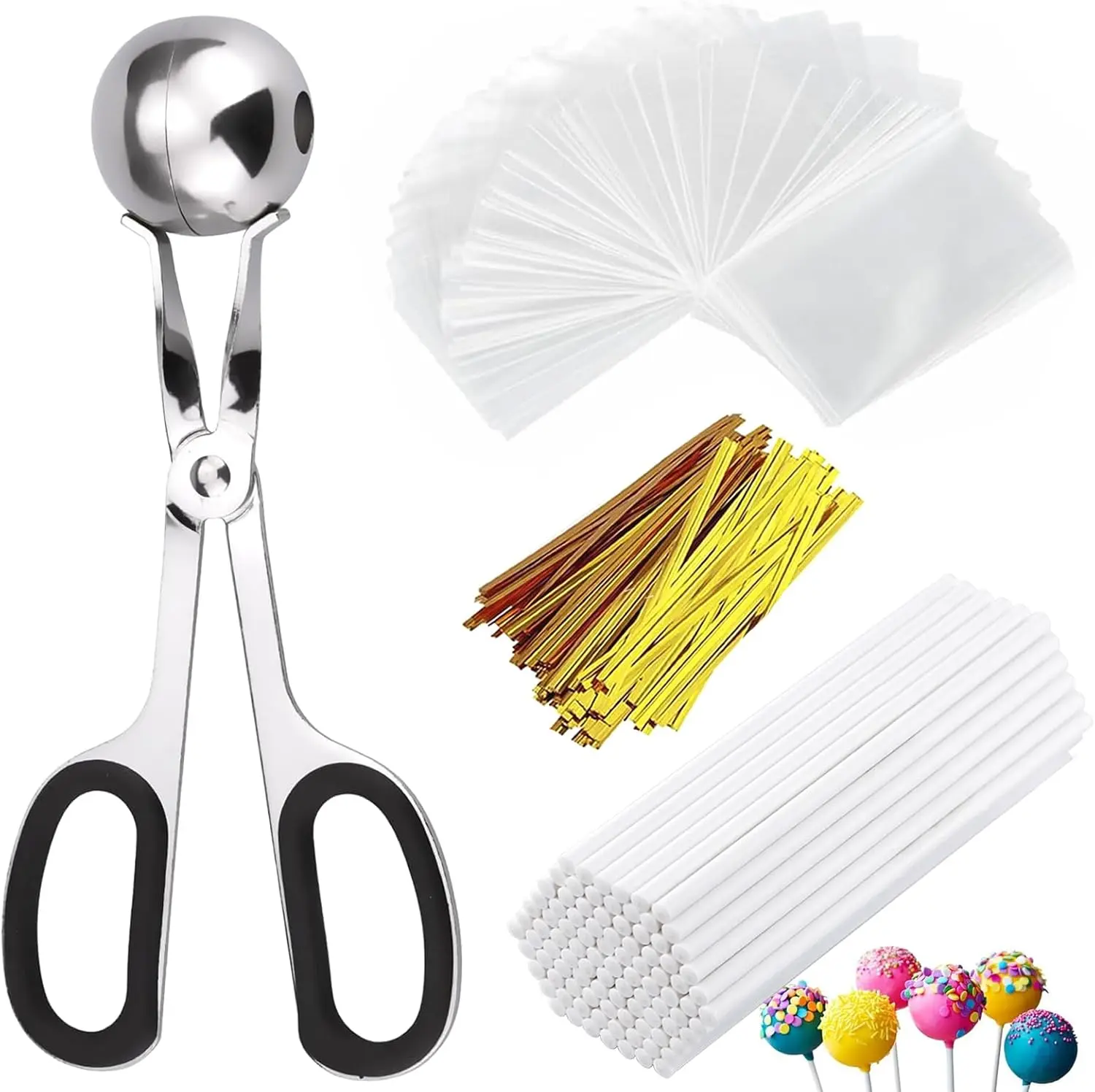 1Set Cake Pop Treat Bag Kit, Including 100Pcs Cake Pop Sticks, 100Pcs Parcel Bags, 100Pcs Twist Ties and 1 Cake Pop Mold, Cake Pop Maker Tools for Lollipops, Candies, Chocolates, Cookies