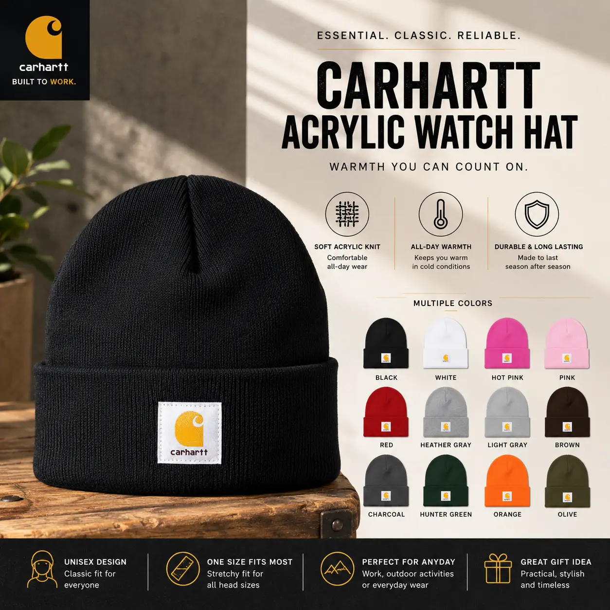 Carhartt Knit Beanie Hat, Acrylic Watch Cap for Men & Women, Warm Cuffed Winter Beanie, Soft Stretch Knit Skull Cap, Outdoor Work Hat, Streetwear Fashion Beanie, Casual Everyday Cold Weather Hat, One Size Fits Most
