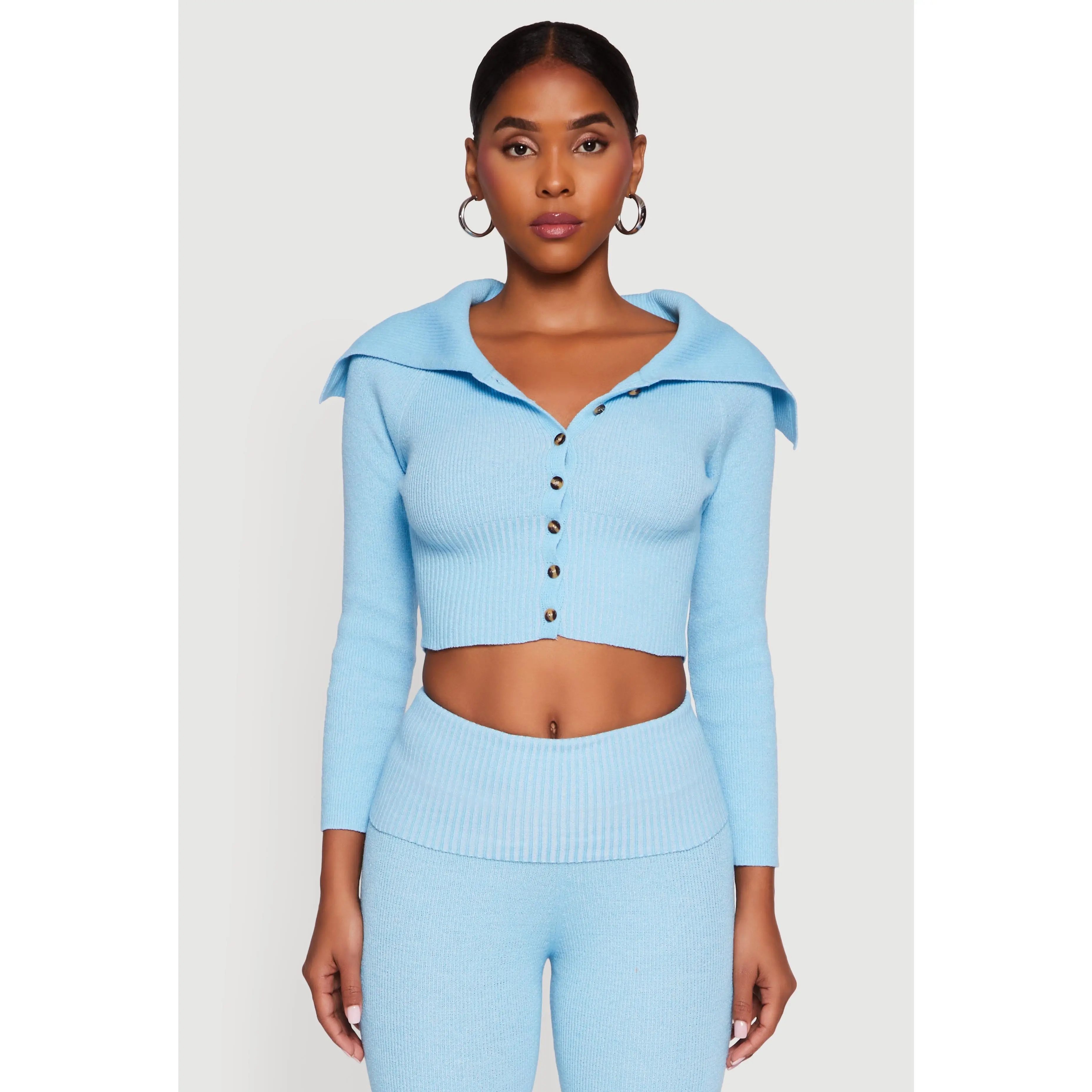 Fold Over Collar Ribbed Knit Button Front Sweater