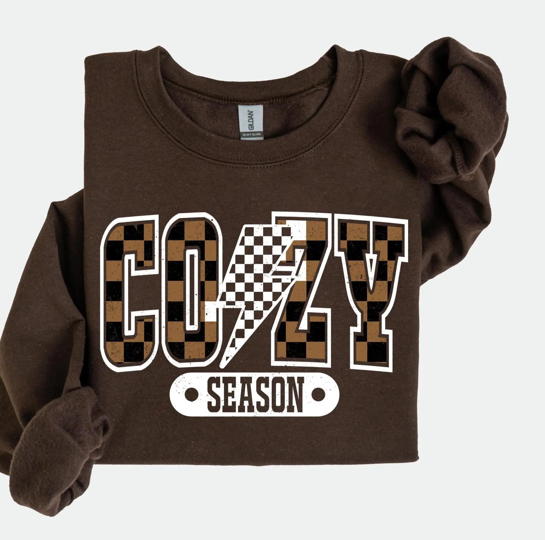 Cozy Season Sweatshirt, Retro Checkered Lightning Fall Crewneck for Women, Cozy Autumn Fall Vibes Sweatshirt, Fall Gift for Her