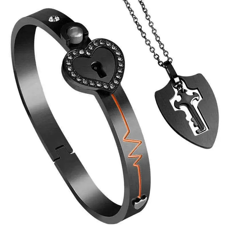 Unisex Titanium Steel Heart Lock Bracelet & Key Pendant Couples Matching Jewelry Set - Fashionable Jewelry Set, Ideal Valentine’s Day Gift, Daily Wear Accessory