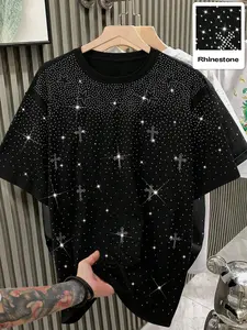 Men's Casual Loose Fit Short Sleeve Round Neck Crewneck T-Shirt, Shiny Rhinestone Decor, Graphics, Oversized Design, Streetwear Style, Perfect for Commuting and Daily Wear