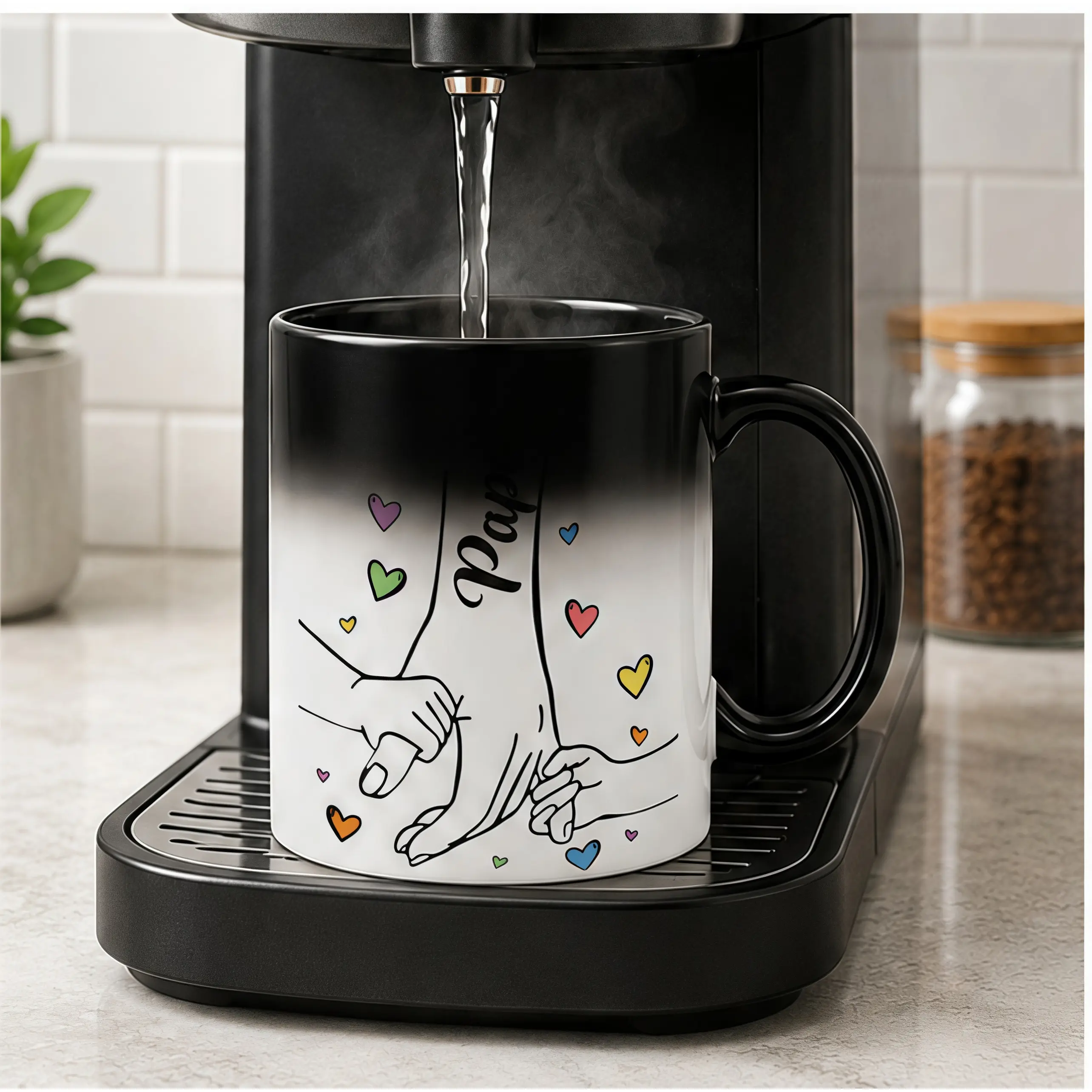 11oz Classic Single Color Changing Ceramic Papa Mug, Hand-Holding Heart Design, Heat-Reveal Washable Drinkware, Hand-Washed Kitchenware Gift for Dad (Father’s Day, Birthday)