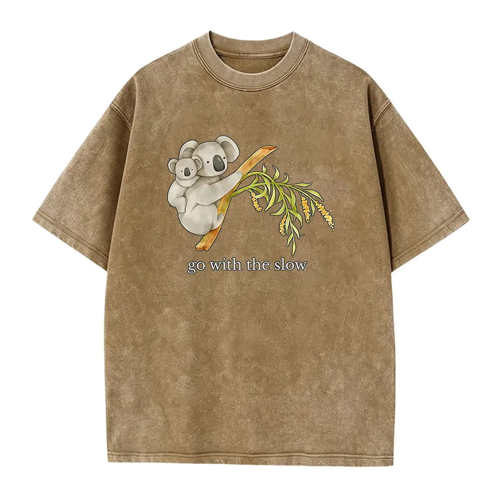 Men's 'Go With The Slow' Koala Graphic Streetwear Short-Sleeve Top - 100% Soft Seamless Cotton Fabric, Casual Round Neck, Lightweight Fitted Cut