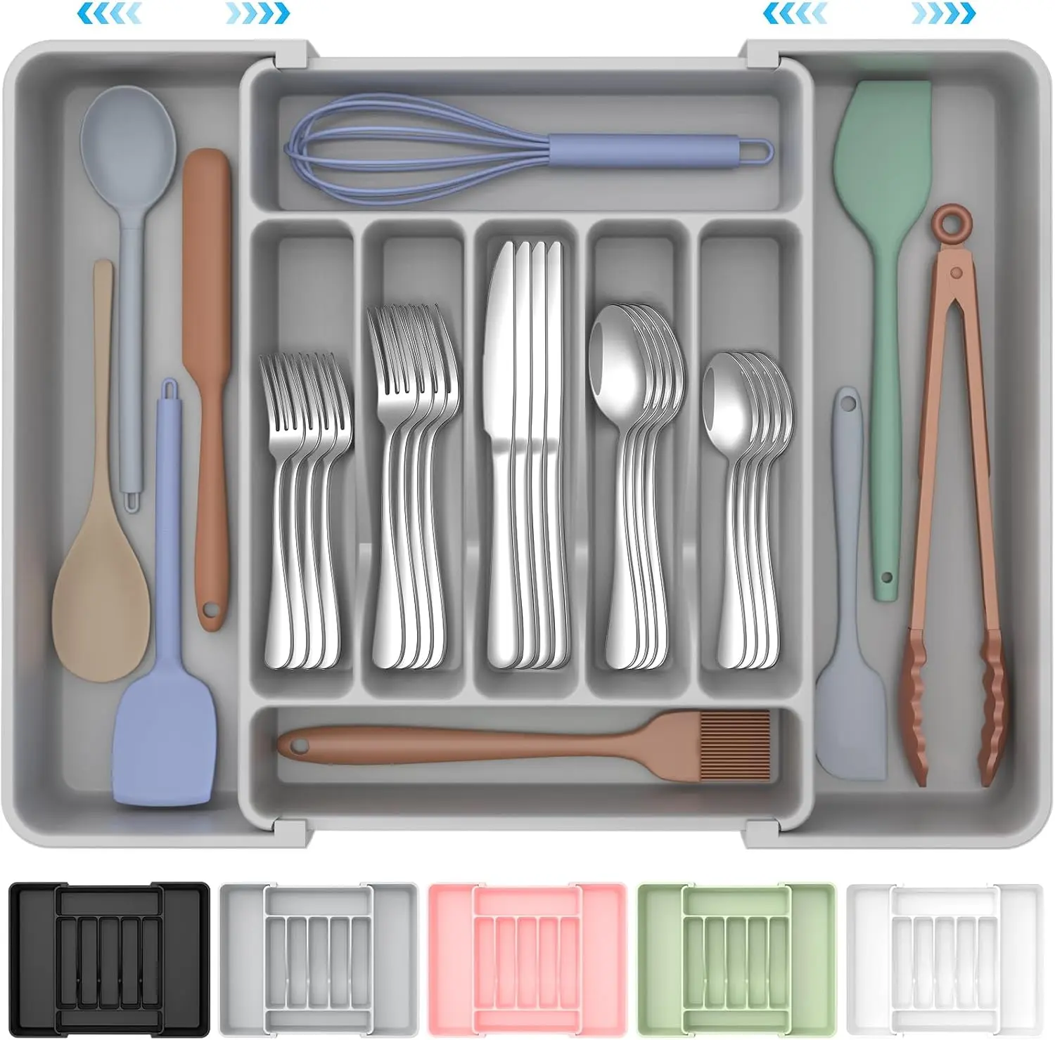 Extra Large Expandable Silverware Organizer, Flatware Tray,Gray