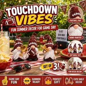 2026 HODAO Football Gnome Statue Set of 3 Burgundy Football Hat Resin Dwarf Figurine Game Day Sports Desktop Decor Gift For Football Fans