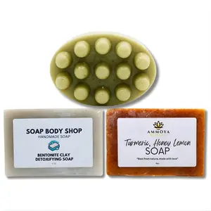 Ammoya Naturals 3-Piece Self-Care Set – Scalp Circulation Massage Bar, Bentonite Clay Detox Soap & Turmeric Honey Lemon Soap – Nourishing Handmade Skincare Trio
