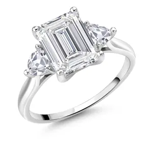 Gem Stone King 2-4 Cttw 10K White Gold Gemstone Birthstone and Lab Grown Diamond 3-Stone Engagement Ring for Women | Emerald Cut 9X7MM | Trillion 4MM | Fine Jewelry for Wedding Anniversary | Size 5-9
