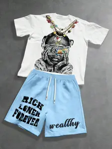 Men's Street Style 2-Piece Set, Graphic Print Round Neck Short Sleeve Top + Drawstring Shorts, Casual Comfortable Fashion