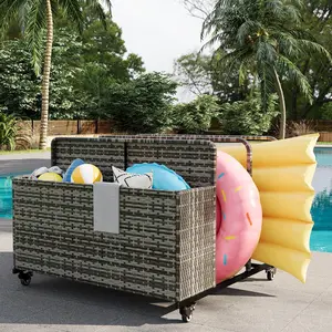 Gaomon Outdoor Wicker Rattan Pool Float Storage Organizer Bin - Rolling Wheels, 2 Open Compartments, All-Weather PE Rattan, Steel Frame, Easy Setup for Poolside & Patio, Grey