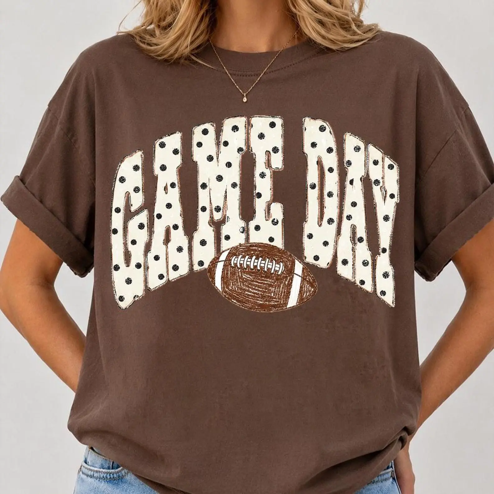 Comfort Colors Preppy Football White Polka Dots Shirt, Game Day, Football Mom Shirt, Football Leopard Dots Gingham Shirt, Football Bow Shirt, Fall Sports