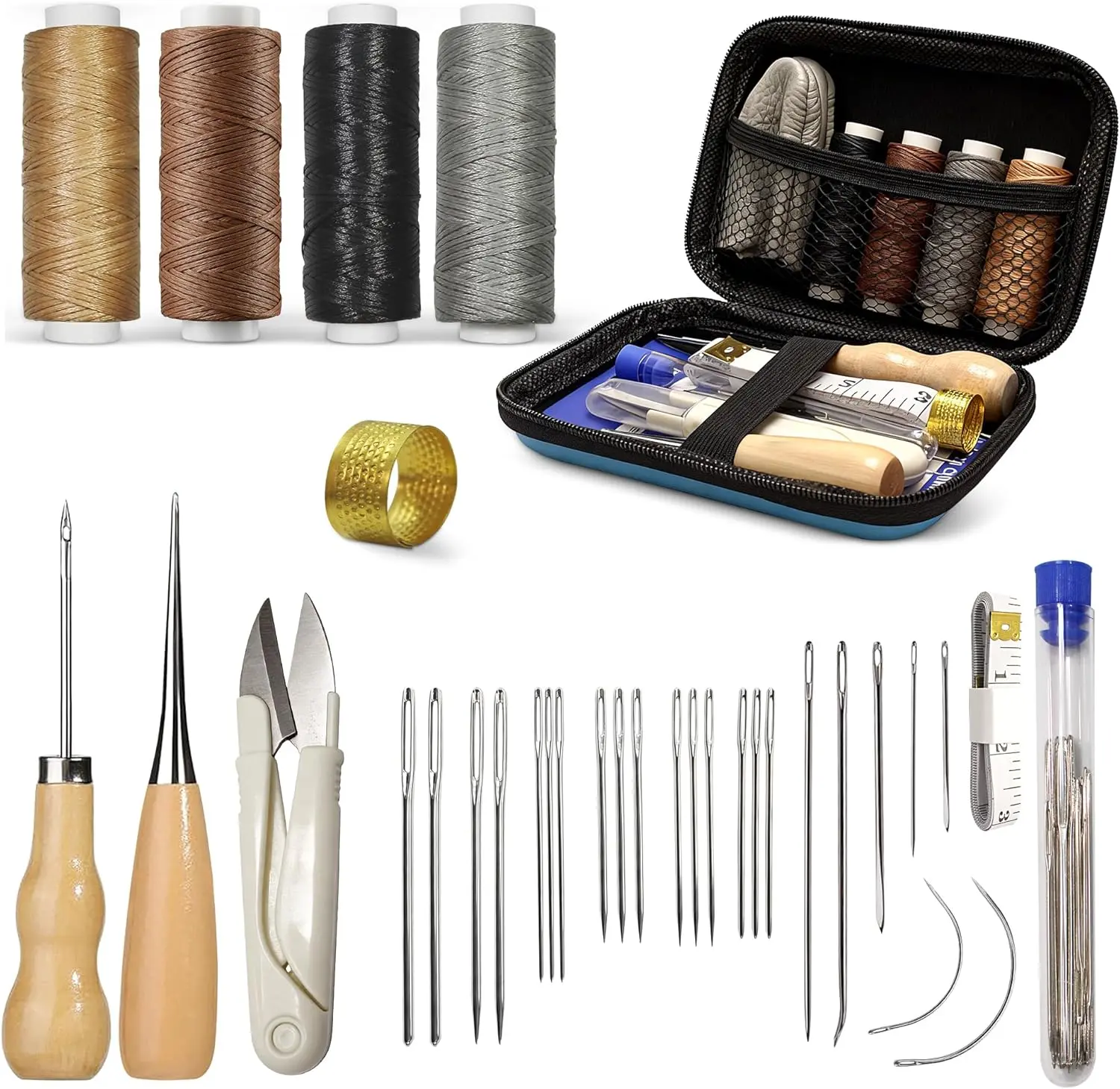 Leathercraft DIY Upholstery Repair Kit - Heavy-Duty Hand Stitching Tools, Waxed Thread, Sewing Awl, Needles for Car Seats, Sofa