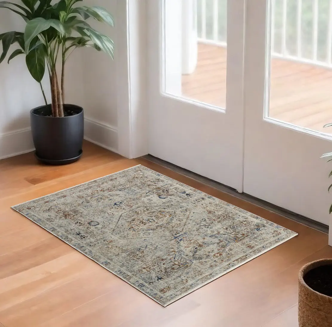 212 MAIN 3'x5' Traditional Oriental Area Rug - Distressed Blue Power Loomed Polypropylene, Viscose & Cotton Blend with Fringe Detail for Indoor Living Room Decor (Worn Faded Finish), Fringe Edges, 3' X 5'