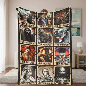 Horror Characters Flannel Blanket Vintage Scary Movie Villain Print Soft Warm Durable Cozy for Parties Home Decoration Movie Nights Collectors Gifts
