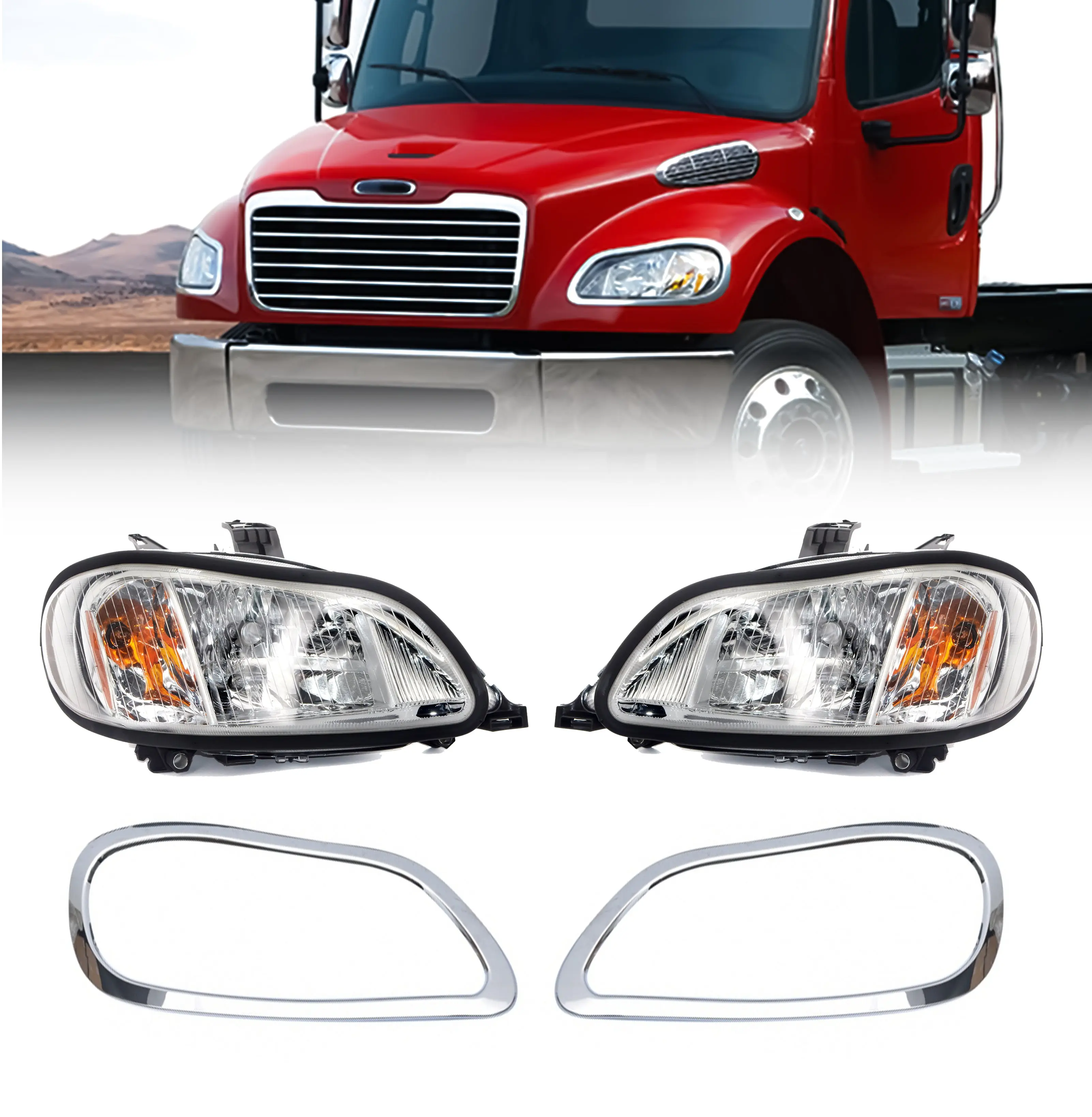 Torque Headlight PAIR & Chrome Bezels Replacement for 2002-2018 Freightliner M2 M-2 100 106 112 Business Class Trucks Assembly DOT SAE Approved (TR028, TRFR006)