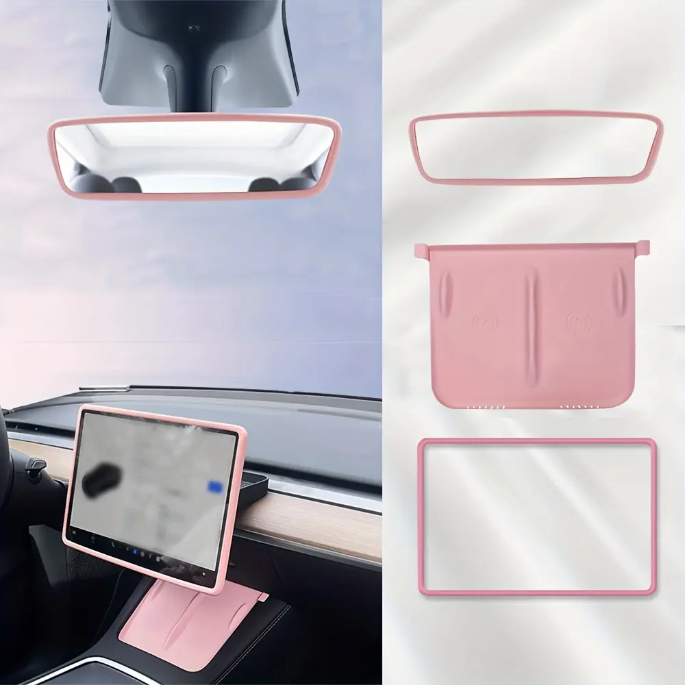 Tesla Model 3/Y 3-Piece Car Console Covers - Silicone Center Console Screen Frame Protector, Wireless Charging Silica Gel Pad, Rear View Frame Guard